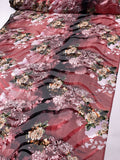 Floral and Striations Printed Silk-Rayon Burnout Chiffon with Stones - Cranberry / Black / Green / Yellow