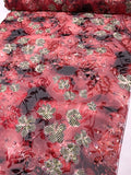 Basket and Vine Floral Printed Silk-Rayon Burnout Chiffon with Stones - Soft Red / Black / Green