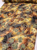 Basket and Vine Floral Printed Silk-Rayon Burnout  Chiffon with Stones - Browns / Autumn Greens / Yellow