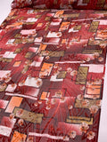 Geometric Floral and Paisley Printed Silk-Rayon Burnout Chiffon with Stones - Soft Red / Maroon / Light Olive / Orange