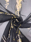 Floral Stalks Printed Crinkled Polyester Chiffon - Black / Olive Green / Beige