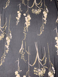 Floral Stalks Printed Crinkled Polyester Chiffon - Black / Olive Green / Beige