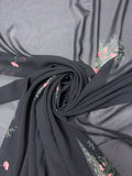 Small Floral Bouquets Printed Polyester Chiffon - Black / Raspberry / Dark Green