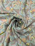 Ornate Graphic Printed Fine Silk Georgette - Taupe / Turquoise / Yellow / Orange