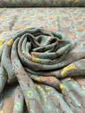 Ornate Graphic Printed Fine Silk Georgette - Taupe / Turquoise / Yellow / Orange