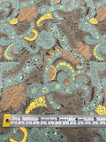 Ornate Graphic Printed Fine Silk Georgette - Taupe / Turquoise / Yellow / Orange