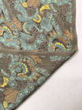 Ornate Graphic Printed Fine Silk Georgette - Taupe / Turquoise / Yellow / Orange