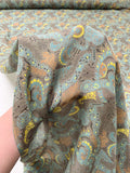 Ornate Graphic Printed Fine Silk Georgette - Taupe / Turquoise / Yellow / Orange