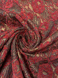 French Leaf and Floral Novelty Chenille Metallic Brocade - Cherry Red / Antique Gold / Black / Multicolor