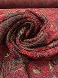 French Leaf and Floral Novelty Chenille Metallic Brocade - Cherry Red / Antique Gold / Black / Multicolor