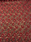 French Leaf and Floral Novelty Chenille Metallic Brocade - Cherry Red / Antique Gold / Black / Multicolor