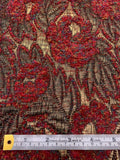 French Leaf and Floral Novelty Chenille Metallic Brocade - Cherry Red / Antique Gold / Black / Multicolor