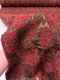 French Leaf and Floral Novelty Chenille Metallic Brocade - Cherry Red / Antique Gold / Black / Multicolor