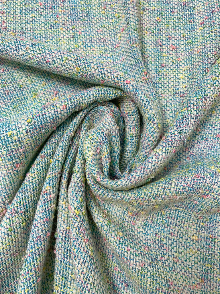Novelty Wool-Blend Tweed Suiting with Loopy Yarns - Turquoise / Ivory ...