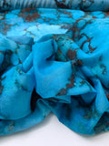 Italian Marble Inspired Printed Silk-Cotton Voile - Turquoise Blue / Dark Brown