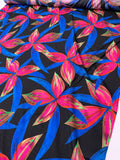 Italian Italian Large Petals Printed Silk-Cotton Challis - Blue / Neon Coral / Magenta / Black