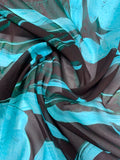 Italian Inflated Floral Printed Silk Chiffon - Aqua / Evergreen / Eggplant Brown