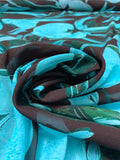 Italian Inflated Floral Printed Silk Chiffon - Aqua / Evergreen / Eggplant Brown