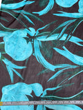 Italian Inflated Floral Printed Silk Chiffon - Aqua / Evergreen / Eggplant Brown