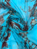 Italian Marble Inspired Printed Silk Chiffon - Turquoise Blue / Burgundy