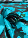 Italian Inflated Floral Printed Stretch Silk Charmeuse - Aqua / Evergreen / Eggplant Brown