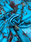 Italian Marble Inspired Stretch Silk Charmeuse - Turquoise Blue / Burgundy