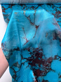 Italian Marble Inspired Stretch Silk Charmeuse - Turquoise Blue / Burgundy