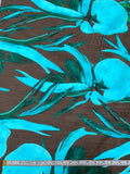 Italian Inflated Floral Printed Silk-Cotton Lawn Voile with Slight Shantung Weave - Aqua / Evergreen / Brown