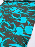 Italian Inflated Floral Printed Silk-Cotton Lawn Voile with Slight Shantung Weave - Aqua / Evergreen / Brown