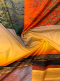 Italian Ocean at Dusk Printed Silk-Cotton Lawn Voile with Slight Shantung Weave Panel - Oranges / Marigold / Moss Green