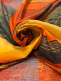 Italian Ocean at Dusk Printed Silk-Cotton Lawn Voile with Slight Shantung Weave Panel - Oranges / Marigold / Moss Green