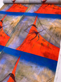 Italian Abstract Frames Printed Silk-Cotton Lawn Voile with Light Shantung Weave Panel - Hot Orange / Blue / Lavender