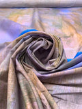 Italian Abstract Painterly Printed Silk-Cotton Lawn Voile with Light Shantung Weave Panel - Smokey Lavender / Bluen / Tan