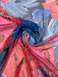 Brushstroke Floral Printed Crinkled Silk Chiffon with Lurex Pinstripes - Blues / Pinks / Red / Black / Silver