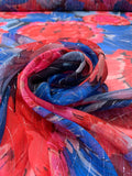 Brushstroke Floral Printed Crinkled Silk Chiffon with Lurex Pinstripes - Blues / Pinks / Red / Black / Silver