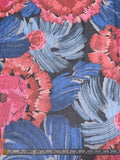 Brushstroke Floral Printed Crinkled Silk Chiffon with Lurex Pinstripes - Blues / Pinks / Red / Black / Silver