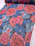 Brushstroke Floral Printed Crinkled Silk Chiffon with Lurex Pinstripes - Blues / Pinks / Red / Black / Silver