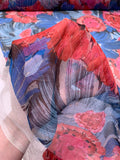 Brushstroke Floral Printed Crinkled Silk Chiffon with Lurex Pinstripes - Blues / Pinks / Red / Black / Silver