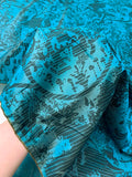 Birds Unicorns and Vines Printed Iridescent Silk Taffeta - Teal