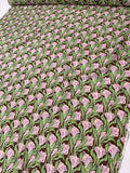 Italian Field of Flowers Printed Silk Habotai - Greens / Lilac / Lavender / Brown