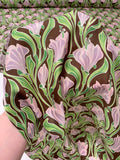 Italian Field of Flowers Printed Silk Habotai - Greens / Lilac / Lavender / Brown