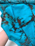 Italian Marble Inspired Printed Silk-Cotton Lawn Voile with Slight Shantung Weave - Turquoise Blue / Burgundy