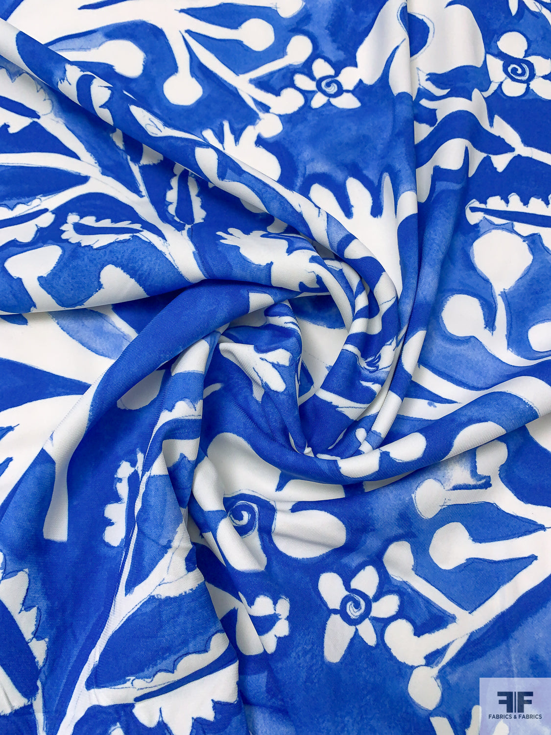 Italian Playful Floral Printed Stretch Viscose Crepe - Blue / Off-White