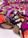 Abstract Mosaic Matte-Side Printed Silk Charmeuse - Neon Coral / Purples / Dusty Chartreuse / Off-White