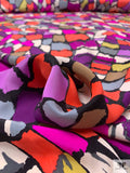 Abstract Mosaic Matte-Side Printed Silk Charmeuse - Neon Coral / Purples / Dusty Chartreuse / Off-White