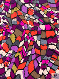 Abstract Mosaic Matte-Side Printed Silk Charmeuse - Neon Coral / Purples / Dusty Chartreuse / Off-White