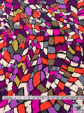 Abstract Mosaic Matte-Side Printed Silk Charmeuse - Neon Coral / Purples / Dusty Chartreuse / Off-White