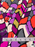 Abstract Mosaic Matte-Side Printed Silk Charmeuse - Neon Coral / Purples / Dusty Chartreuse / Off-White