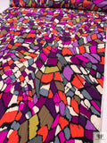 Abstract Mosaic Matte-Side Printed Silk Charmeuse - Neon Coral / Purples / Dusty Chartreuse / Off-White