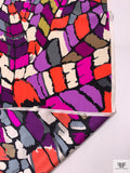 Abstract Mosaic Matte-Side Printed Silk Charmeuse - Neon Coral / Purples / Dusty Chartreuse / Off-White